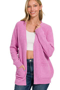 Heather-knit melange open-front cardigan with side pockets — Livostyle