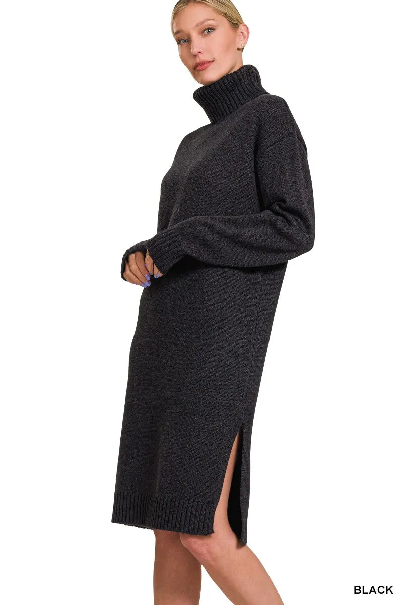 Ribbed Turtle Neck Long Sleeve Midi Sweater Dress