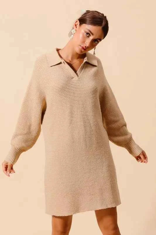 SO ME Ribbed Knit Collar Neck Dress