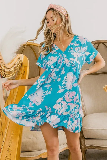 Whimsical Floral V-Neck Dress with Ruffle Detail — Livostyle