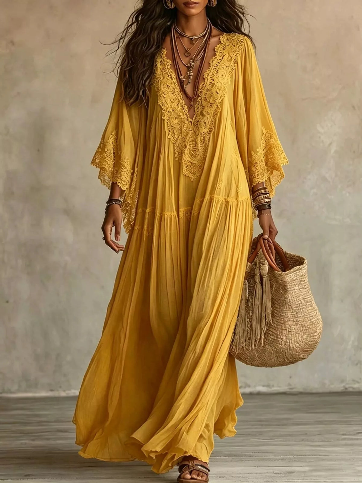 Lace Trim Tiered V-Neck Maxi Dress in Mustard