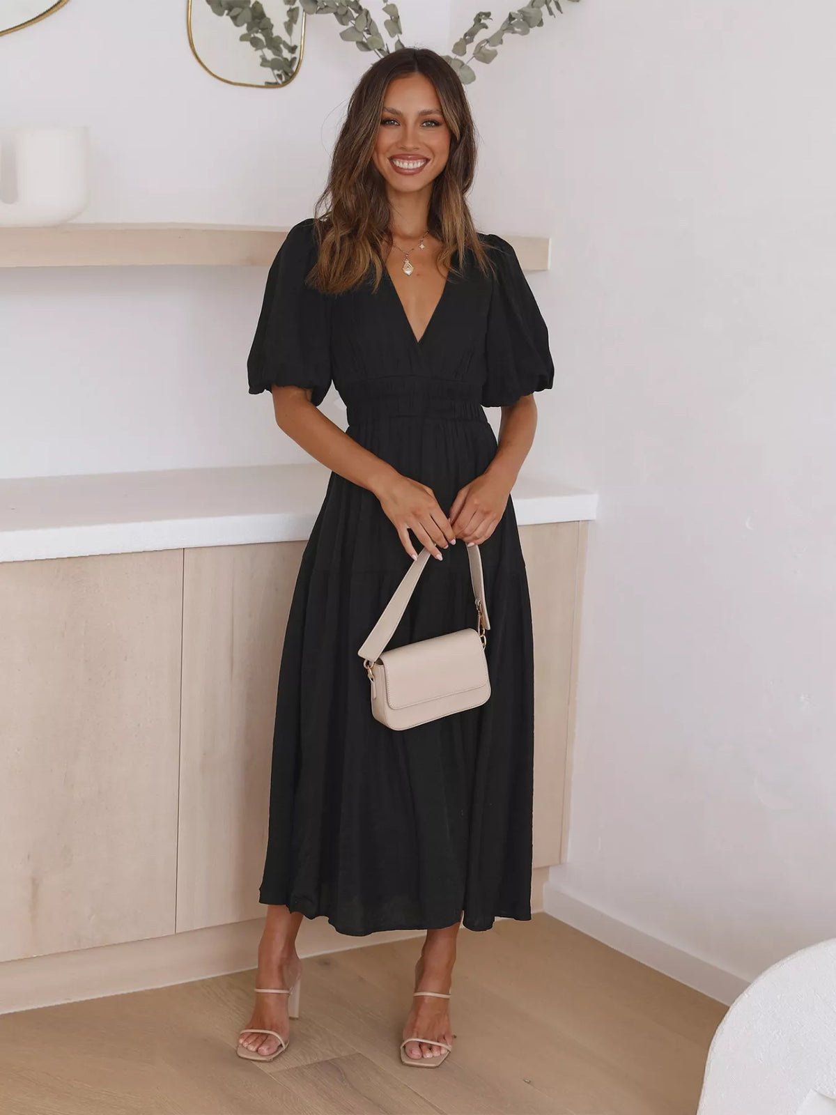 Tiered Puff Sleeve Midi Dress in Black