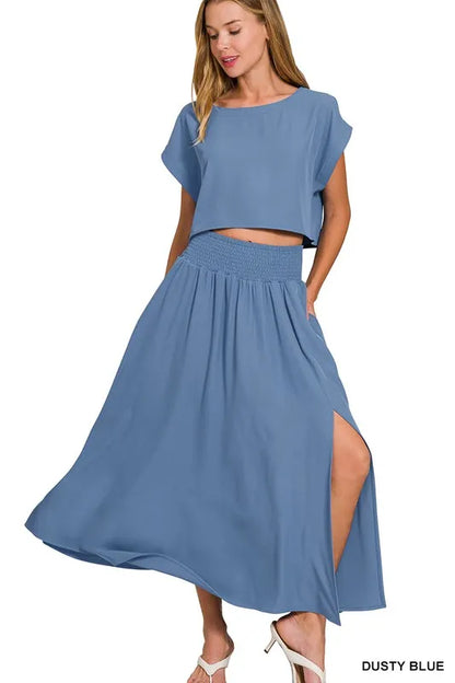 Woven Crinkle Gauze Crop Tee and Skirt Set — Livostyle