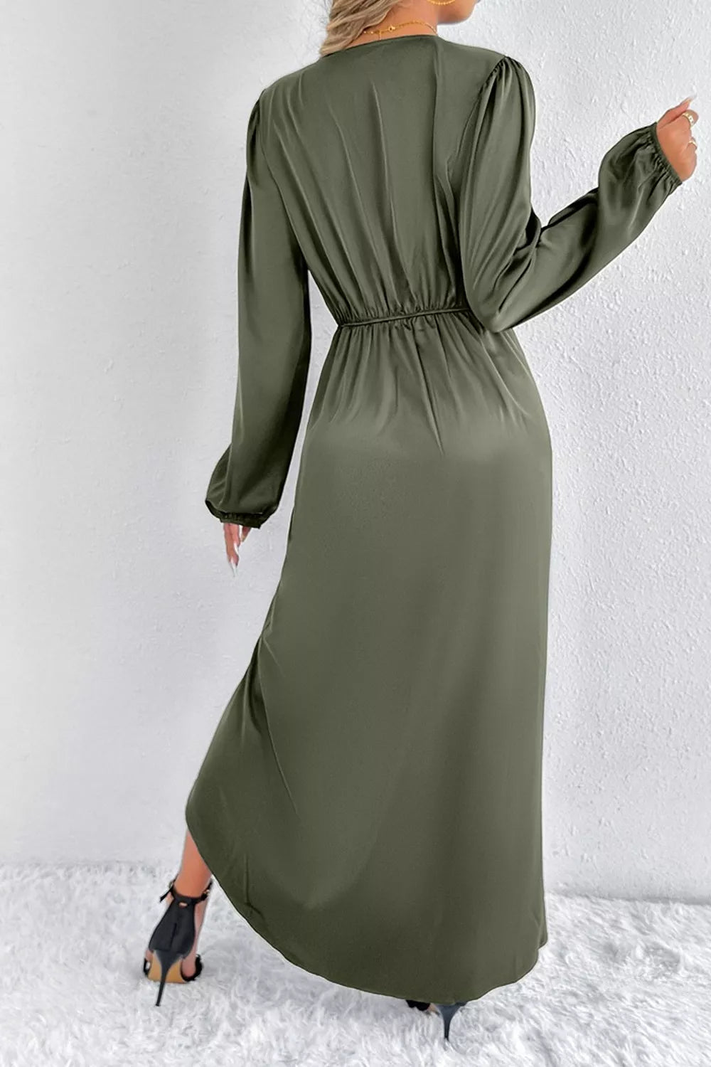 Satin Balloon Sleeve Midi Dress with Slit – photo 4
