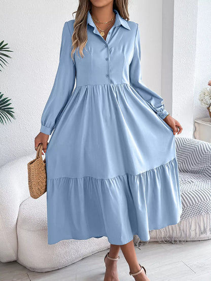 Long Sleeve Tiered Button-Front Midi Dress in Light Blue