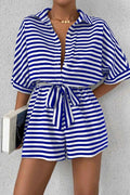 Striped Collared Neck Tie Waist Romper — Livostyle