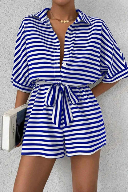 Striped Collared Neck Tie Waist Romper — Livostyle