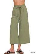 Woven Crepe Cropped Pants with Elastic Drawstring Waist