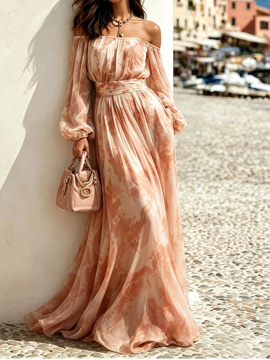 Off-Shoulder Balloon Sleeve Maxi Dress in Pink