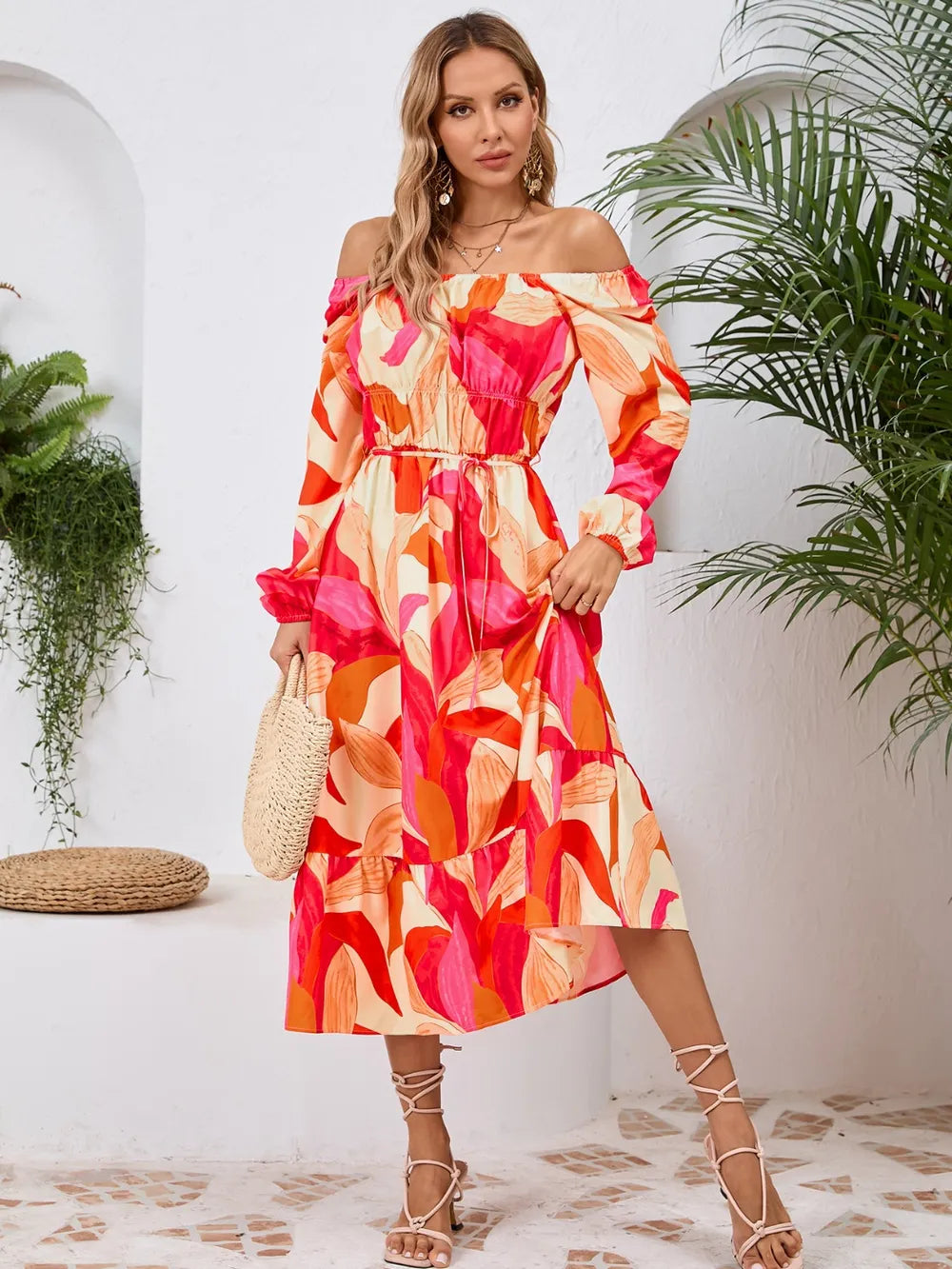 Printed Long Sleeve Midi Dress with Tie Detail – photo 7
