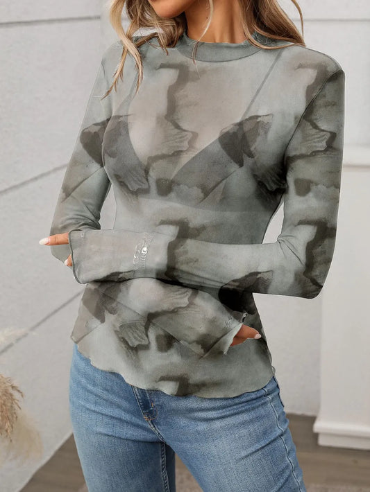 Printed Mock Neck Long Sleeve Mesh T-Shirt detail — Livostyle