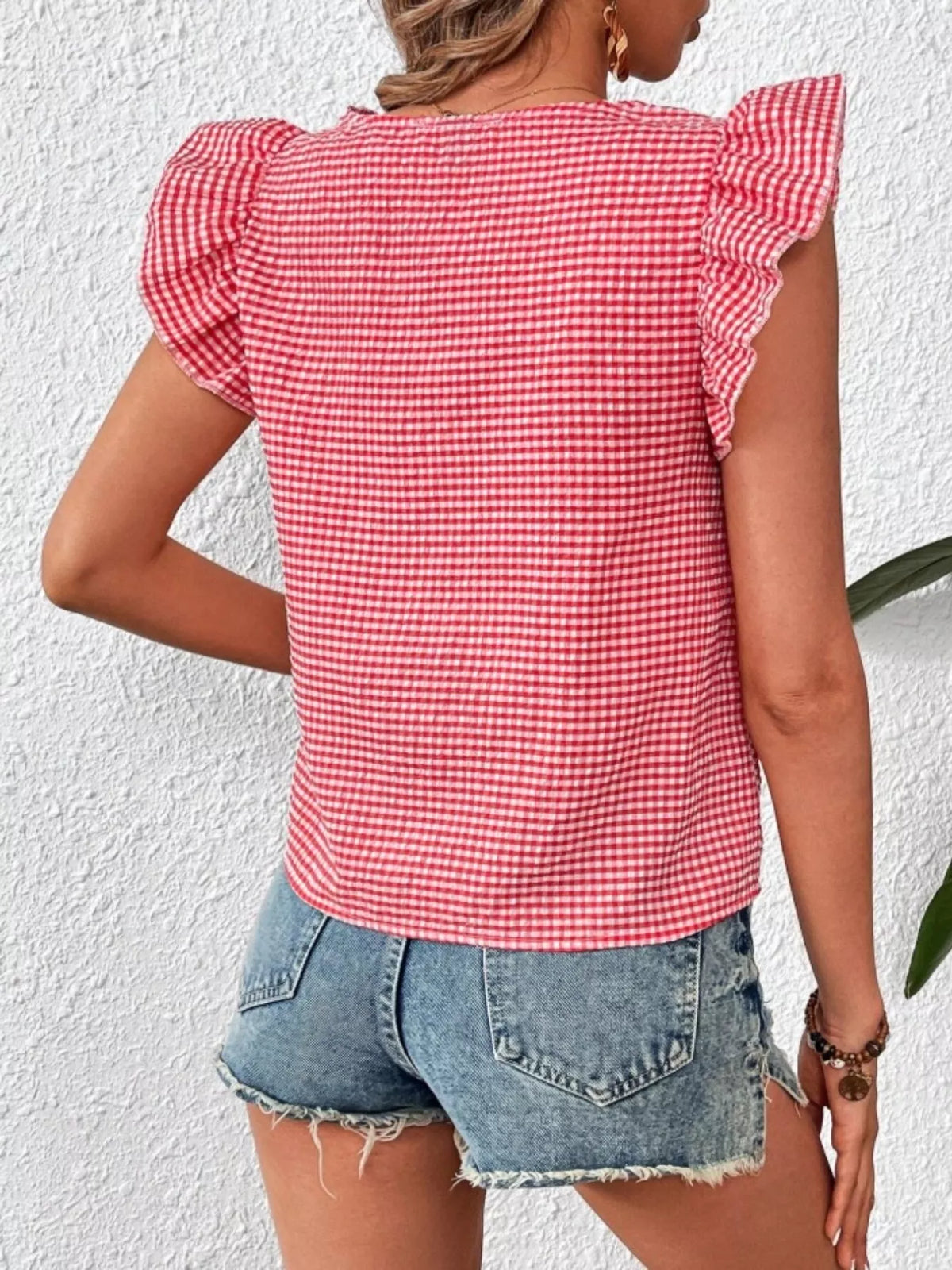 Gingham Ruffle Sleeve Square Neck Blouse – photo 22