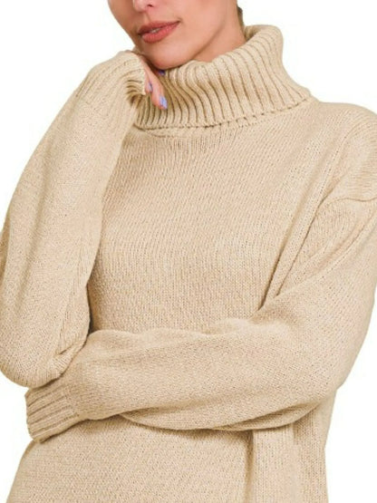 Ribbed Turtleneck Long Sleeve Midi Sweater Dress