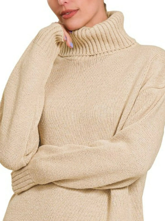 Ribbed Turtleneck Long Sleeve Midi Sweater Dress