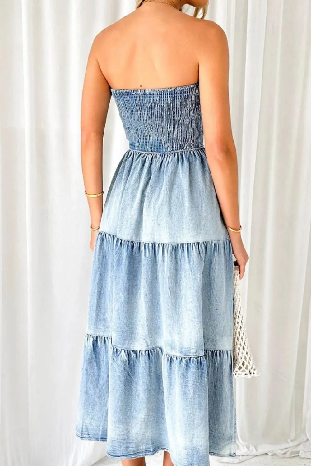 Smocked Tube Slit Tiered Denim Dress closeup — Livostyle