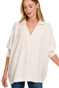 Airflow Collar Tee with Smocked Sleeve Band Top — Livostyle