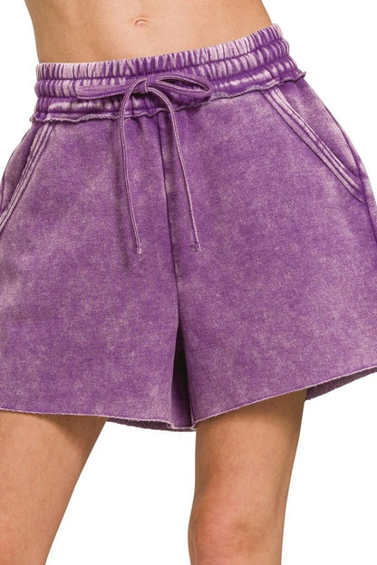 Acid Wash Fleece Drawstring Shorts with Pockets in Violet