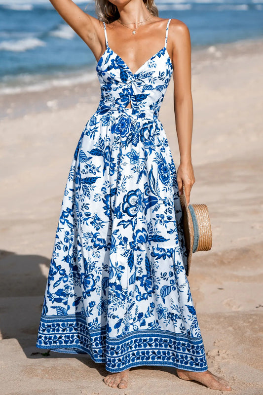 Floral Print Twisted Front Cutout Backless Maxi Dress in Dusty Blue