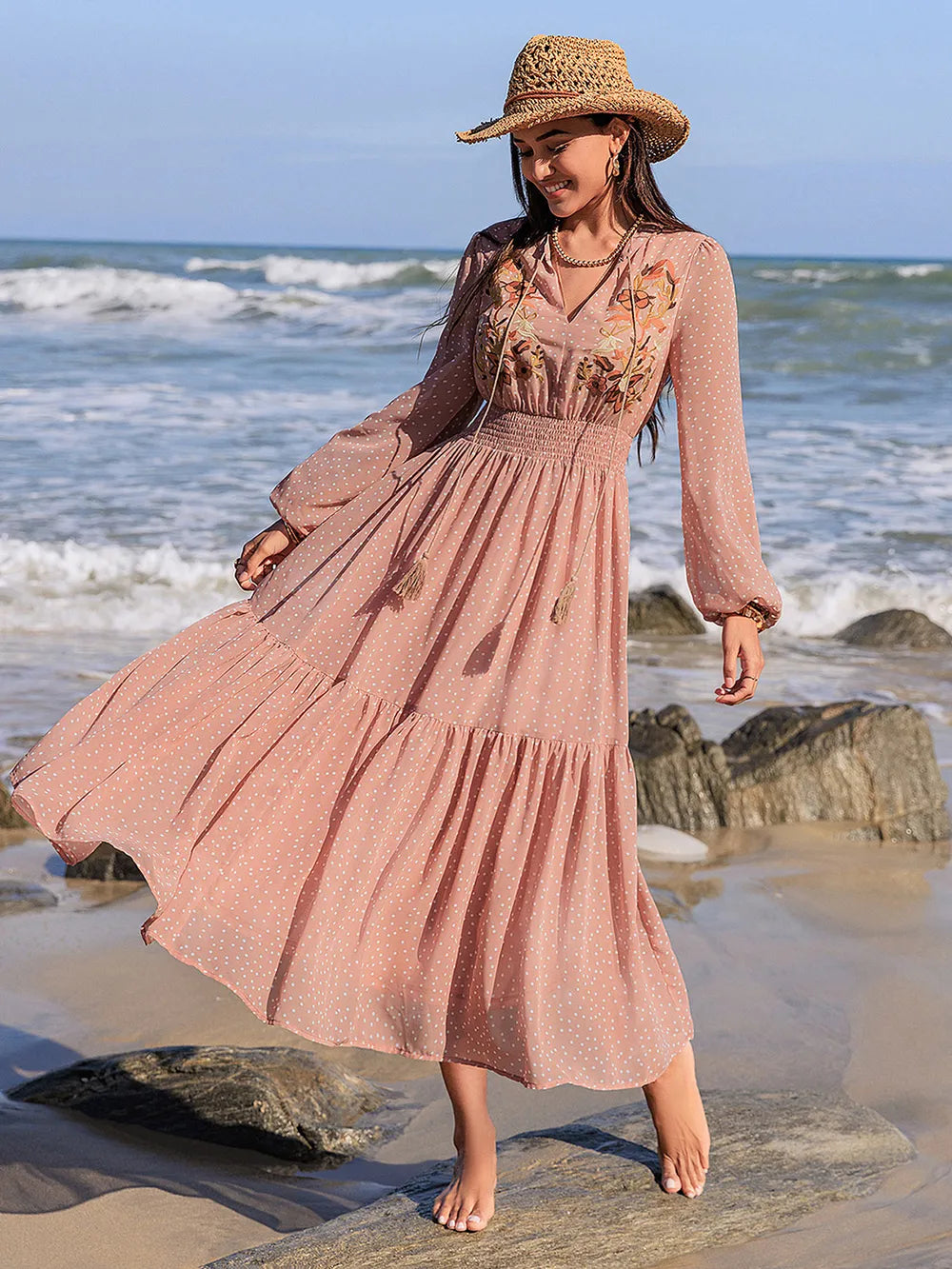 Embroidered Polka Dot Tie Neck Long Sleeve Midi Dress – photo 7