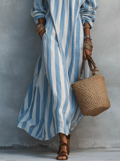 Off-Shoulder Striped Maxi Dress with Pockets – photo 2