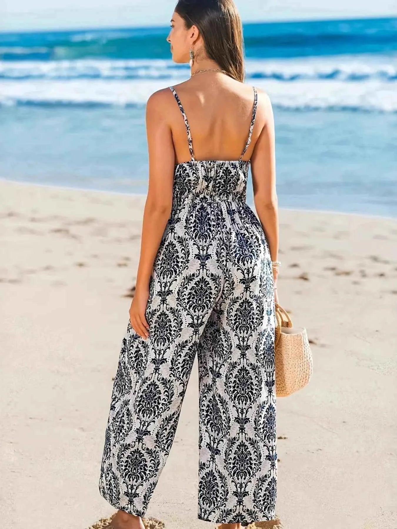 Printed Spaghetti Strap Beach Jumpsuit