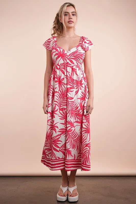 Tropical Print Ruffle Tie Waist Midi Dress