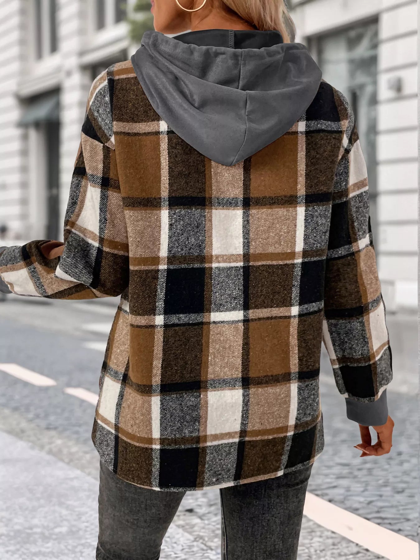 Plaid Drawstring Long Sleeve Hoodie styling — Livostyle