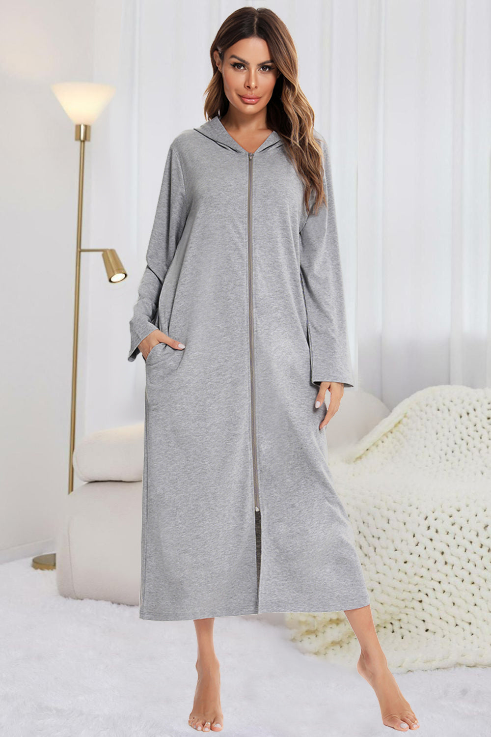 Zip Front Hooded Night Dress with Pockets — Livostyle