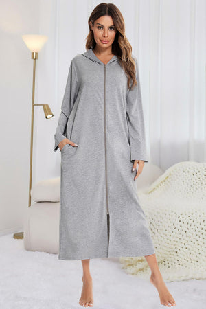 Zip Front Hooded Night Dress with Pockets in Light Gray