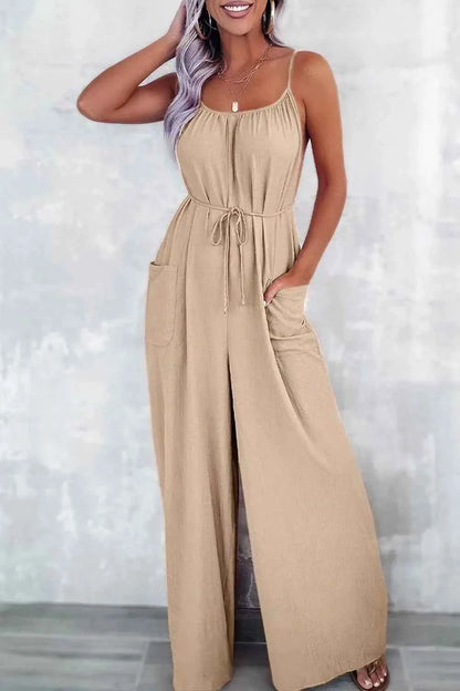Casual Spaghetti Strap Wide Leg Jumpsuit with Pockets — Livostyle