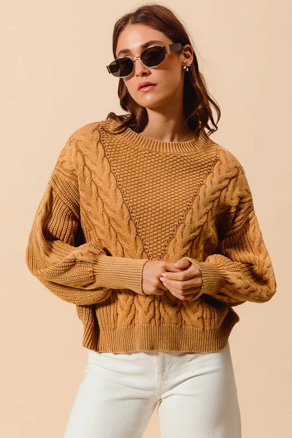 Mineral Washed Loose Fit Textured Cable Sweater — Livostyle