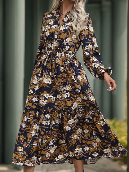 Printed Notched Long Sleeve Midi Dress with Tie – photo 4