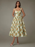 Elegant Floral Midi Dress with Lace Trim & Ruched Detail — Livostyle