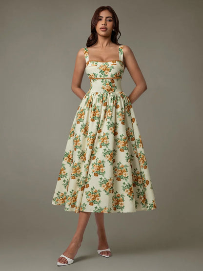 Elegant Floral Midi Dress with Lace Trim & Ruched Detail — Livostyle