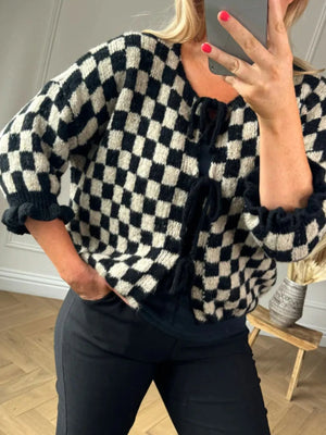 Checkered Tie-Front Knit Cardigan in Black