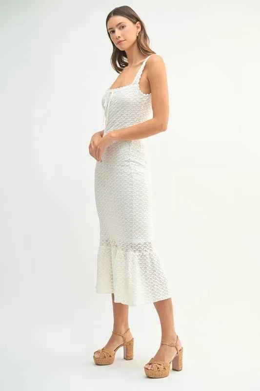 MABLE Ruffled Hem Sleeveless Crochet Knit Midi Dress