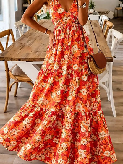 Floral Tiered Ruched Maxi Dress with Spaghetti Straps in Orange
