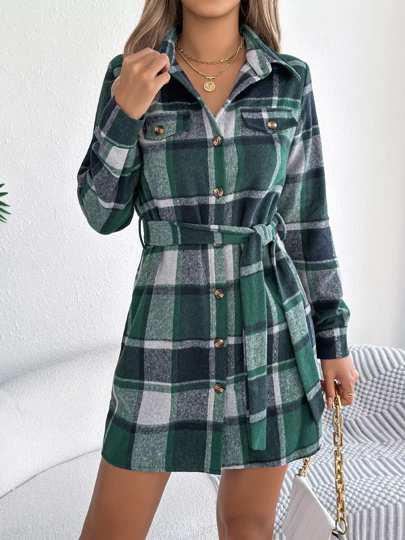 Plaid Button Front Tie Waist Shirt Dress detail — Livostyle