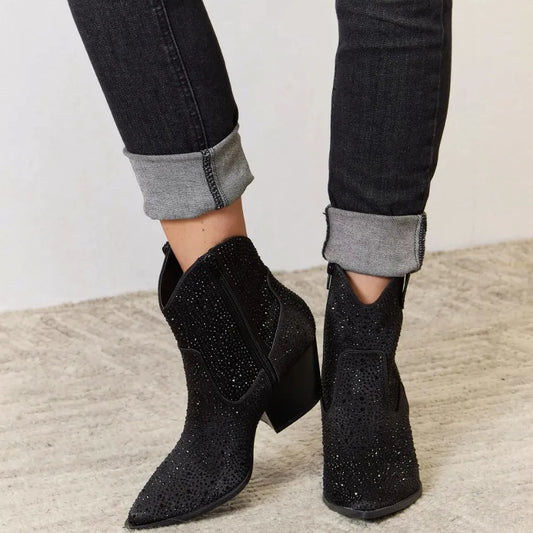 Stylish Rhinestone Ankle Cowboy Boots — square view — Livostyle