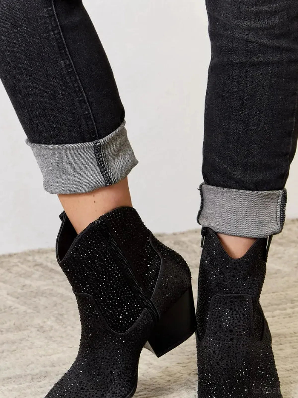 Stylish Rhinestone Ankle Cowboy Boots — detail view — Livostyle