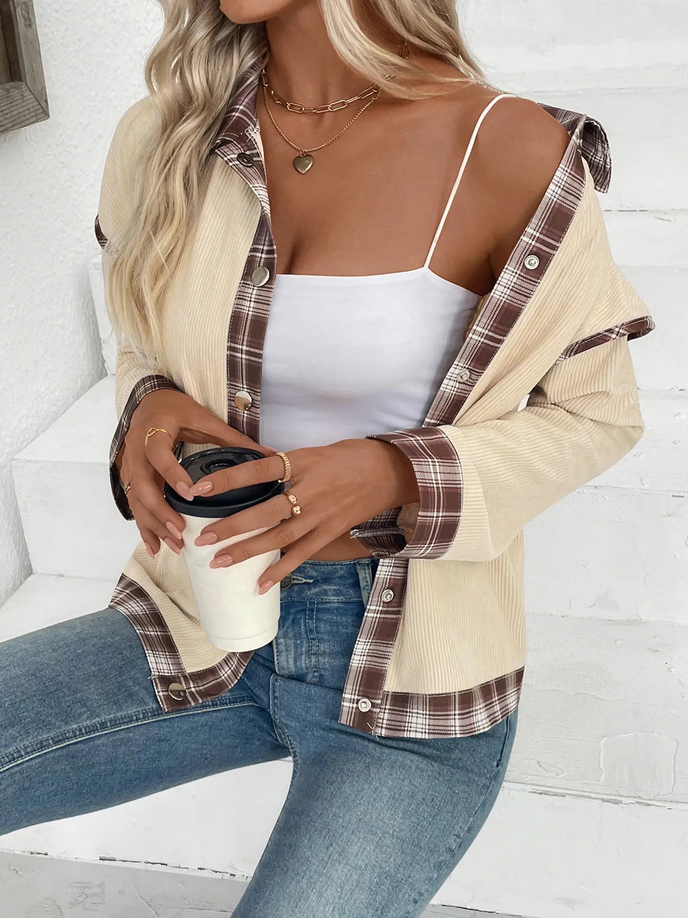 Plaid Hem Button Up Long Sleeve Shacket closeup — Livostyle