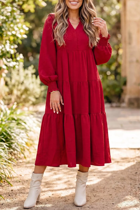Solid Ruffle Trim Long Sleeve Tiered Shift Midi Dress in Burgundy