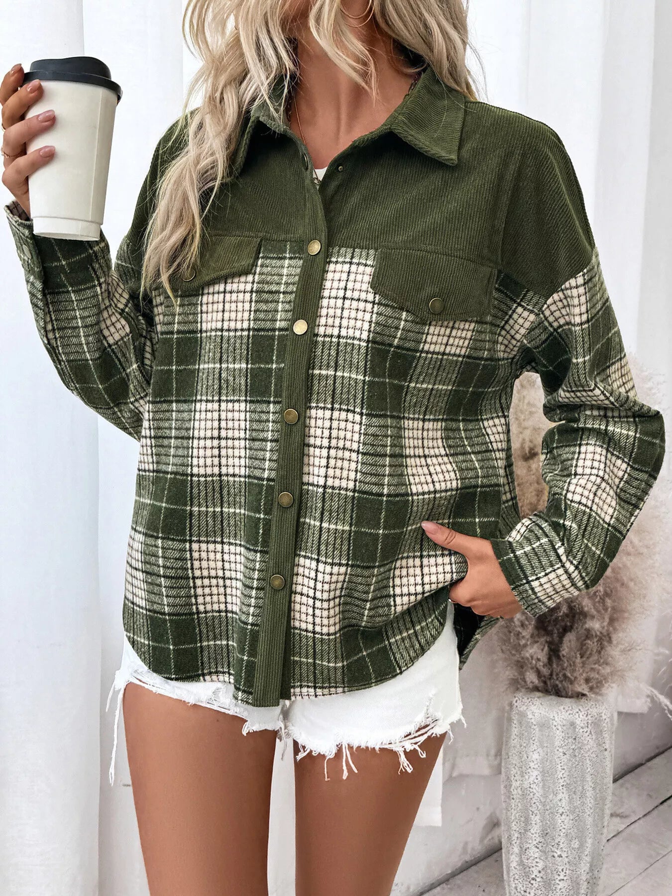 Plaid Button Up Long Sleeve Shacket styling — Livostyle