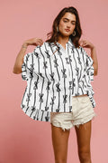 Chic Bow Ribbon Print Button Down Shirt - Versatile & Stylish in Off White/Black