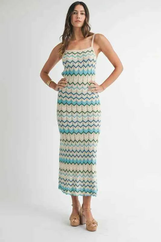 MABLE Lightweight Pointelle Chevron Knit Maxi Dress
