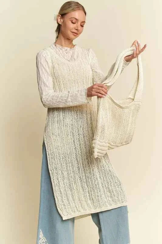 Davi & Dani Knit Side Slit Round Neck Sleeveless Dress & Bag