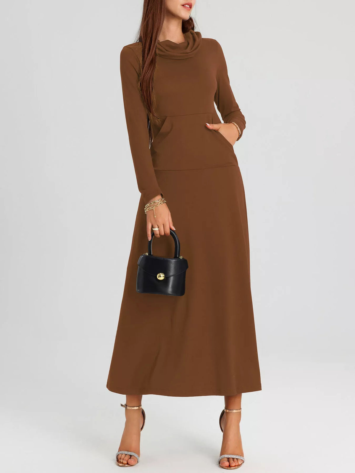 Cowl Neck Long Sleeve Midi Dress with Pockets – photo 9