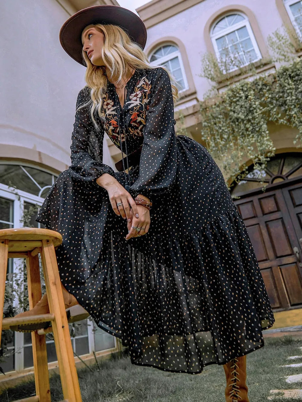 Embroidered Polka Dot Tie Neck Long Sleeve Midi Dress – photo 4