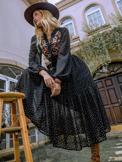 Embroidered Polka Dot Tie Neck Long Sleeve Midi Dress – photo 4