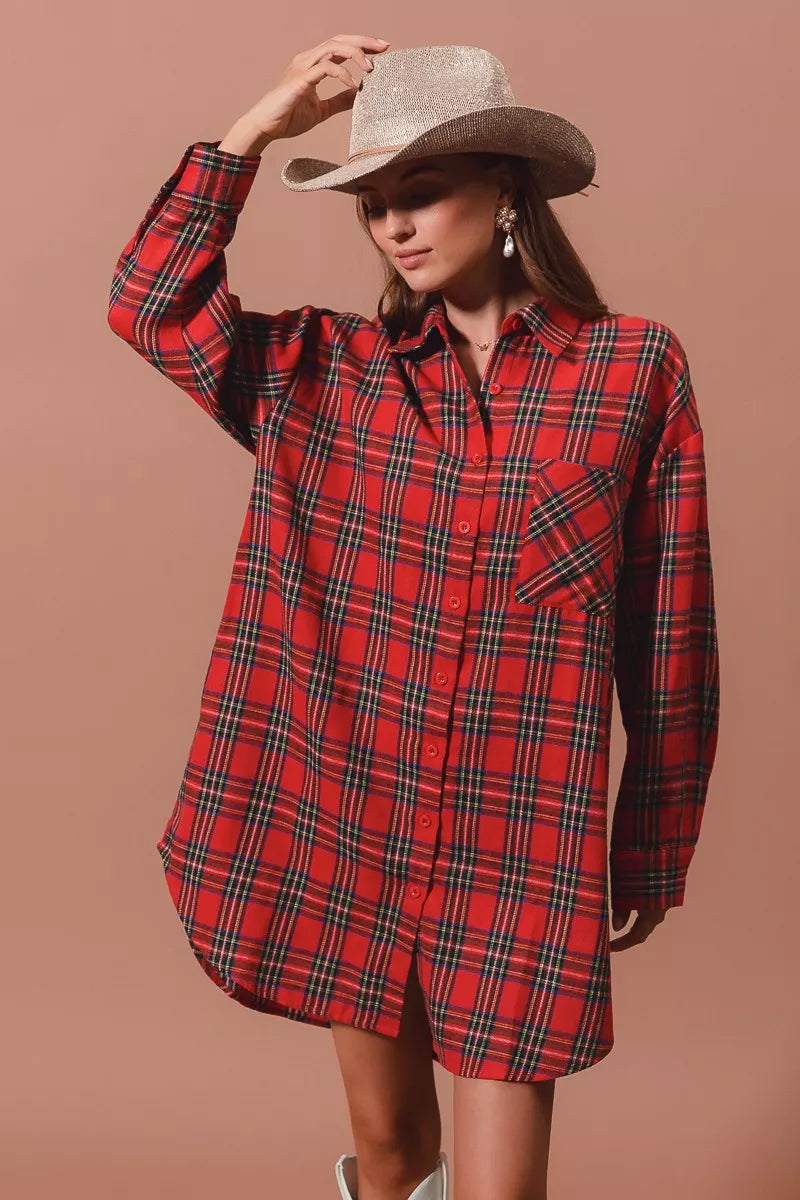 Christmas Checker Plaid Button Up Shirt Dress in Red Multi